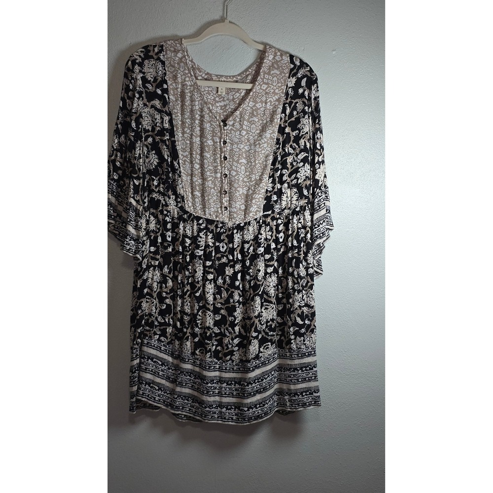 Style & Co Womens XL Tunic Top Black Tan Floral Mixed Print Bell Sleeve Rayon